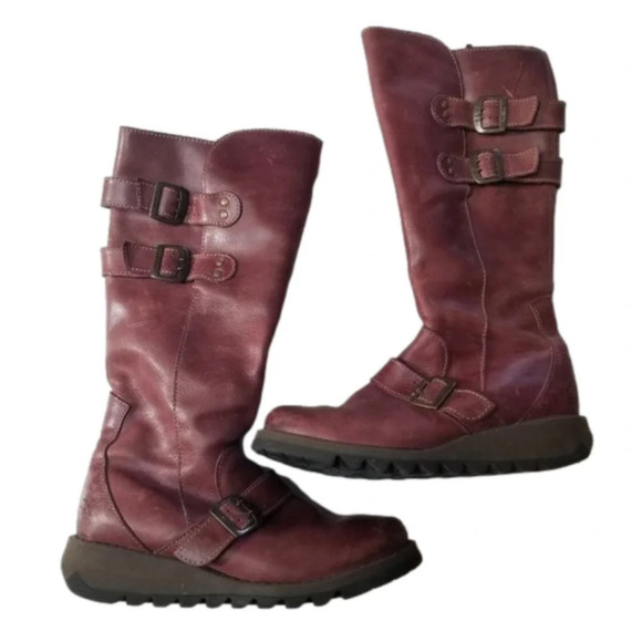 Fly London Mes 2 Petrol Leather Low Wedge  Calf Boots Purple 37 - Picture 2 of 15